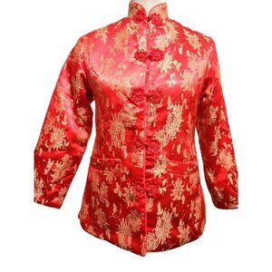 Womens S Red Jacket Brocade Vintage Chinese Gold Floral Frog Closure Satin Chic